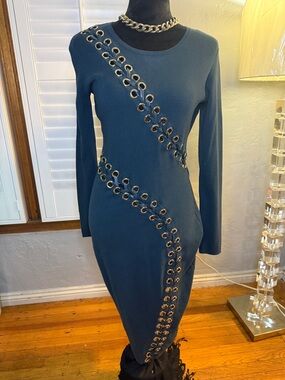 L'ATISTE Teal Long Sleeve Eyelet Chain-Trim Dress